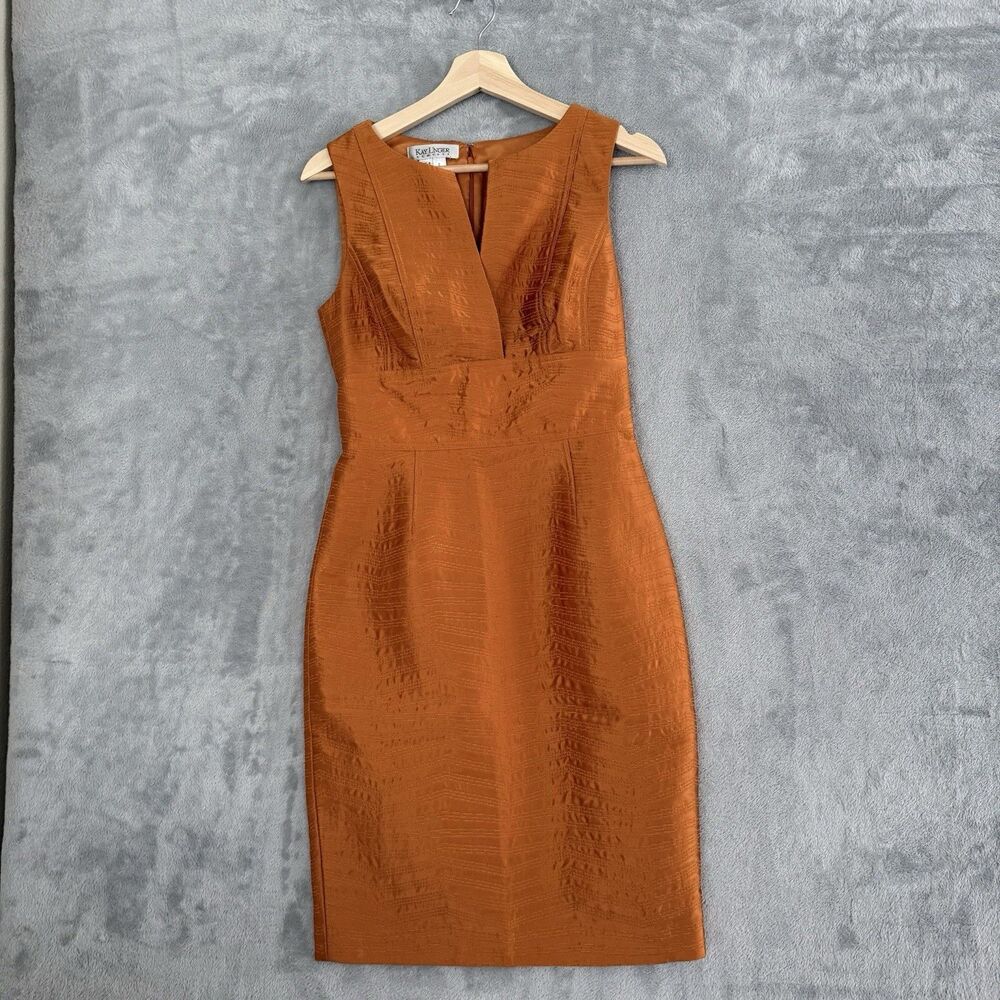 Kay Unger Silk Quilted Taffeta Sheath Dress Womens 4 Rust V Neck Sleeveless